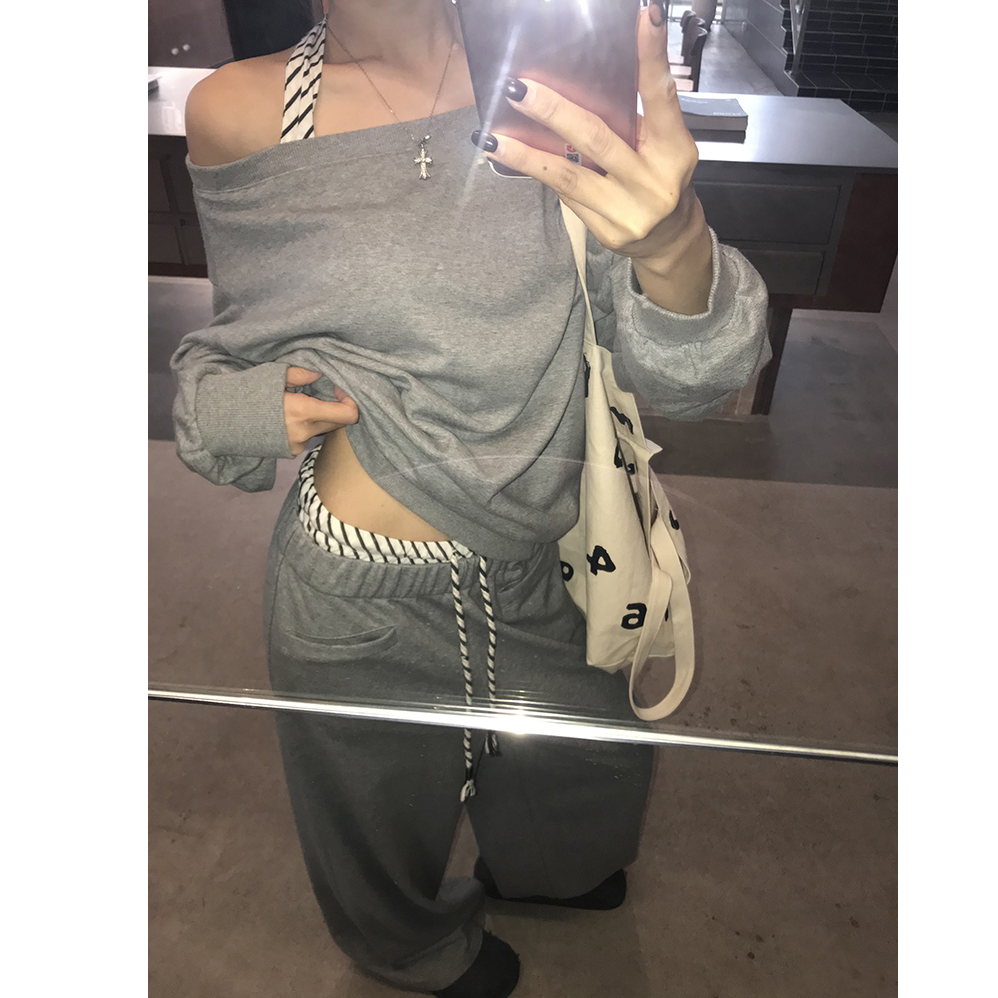 【七颗虾滑】休闲条纹拼接灰色慵懒感套装卫衣254A4858+254A4858-X