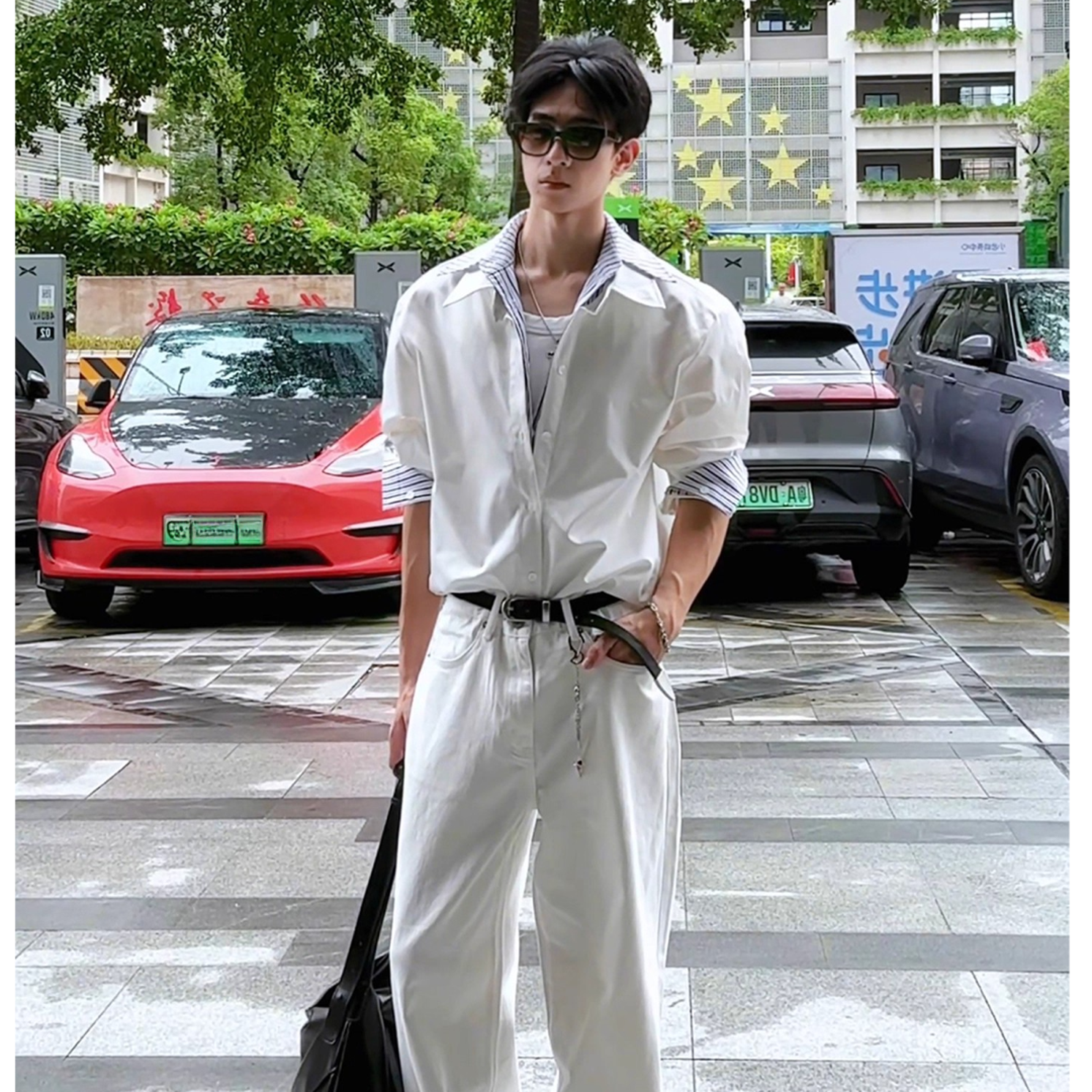 美式春秋季假两件拼接长袖衬衫男款痞帅条纹衬衣美式休闲宽松外套