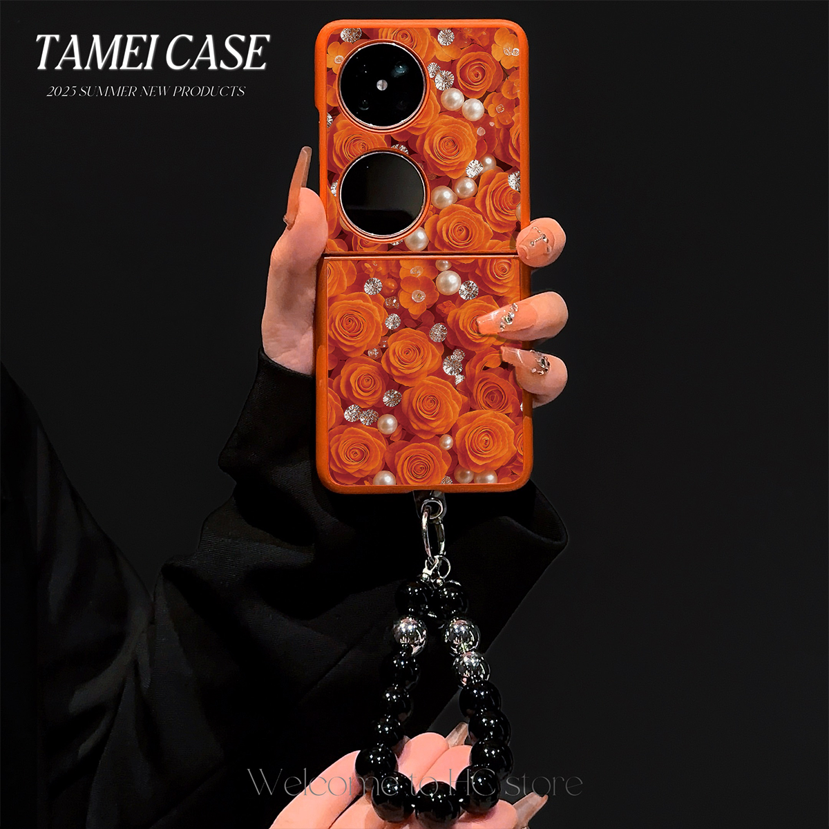 珍珠玫瑰适用华为Pocket2保护壳华为Pocket2手机壳橙色羊皮壳