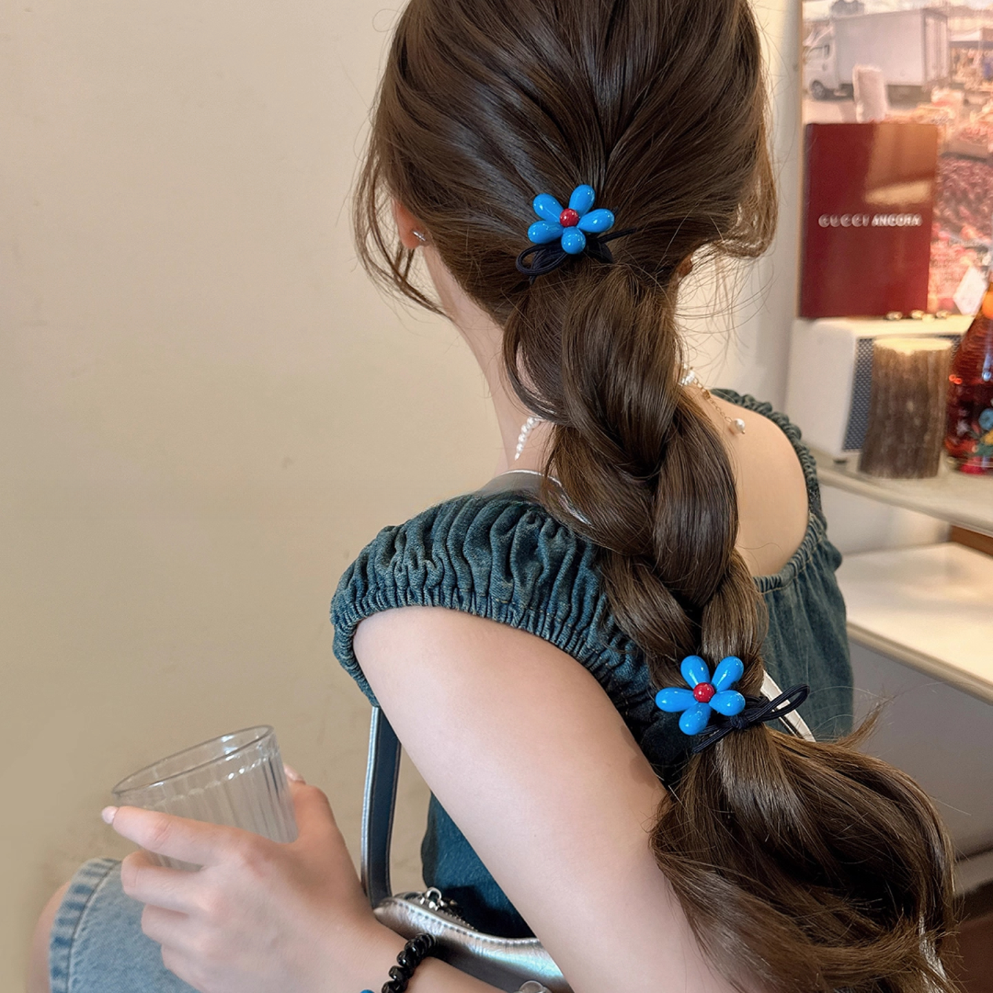 蓝色花朵发圈女2025新款实用百搭扎头发皮套高弹力橡皮筋发绳发饰