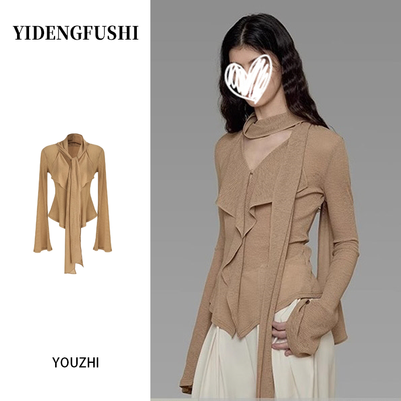法式温柔飘带V领长袖t恤女秋季气质荷叶边修身超好看百搭打底上衣
