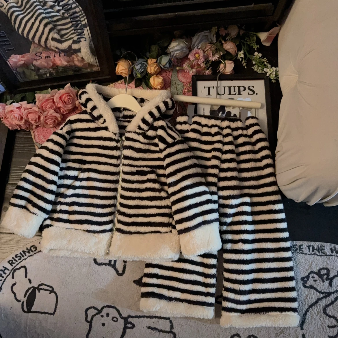 亲子款男女童连帽条纹睡衣秋冬加厚保暖北极绒洋气外穿套装加绒