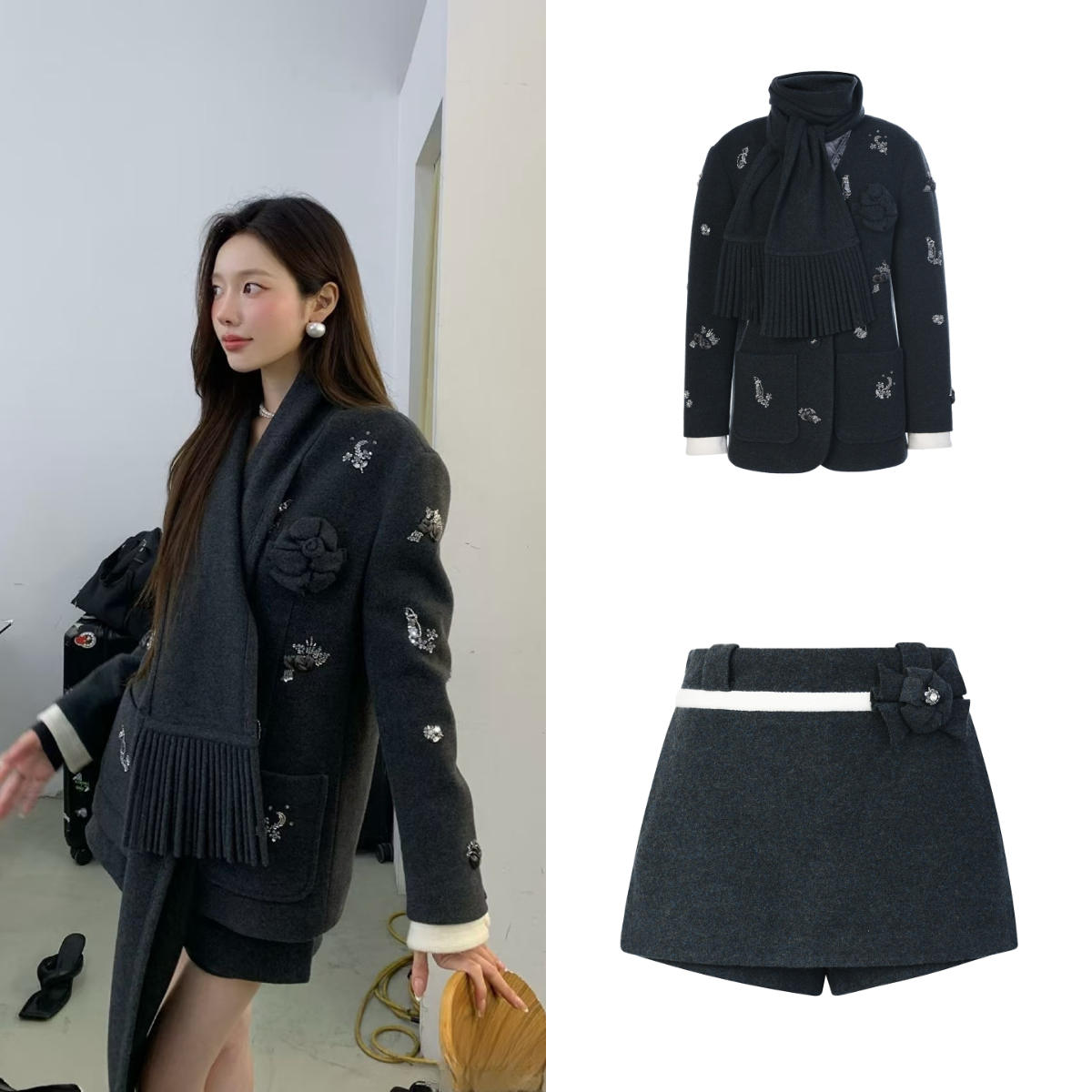 2025冬季新款韩版大衣重工刺绣直筒宽松中长款羊毛呢西装外套女