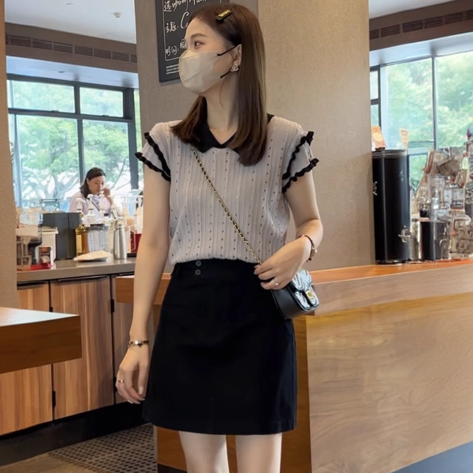 撞色翻领针织短袖t恤女夏季2025新款设计感小众洋气减龄镂空上衣
