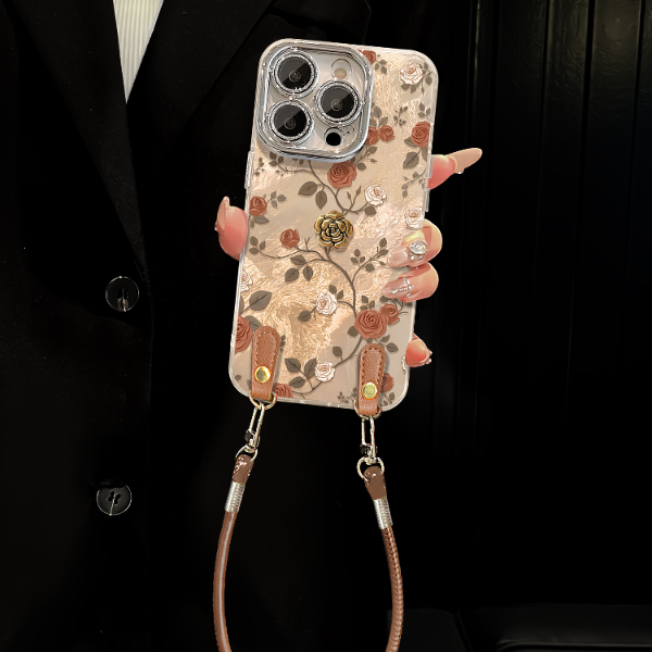 咖色玫瑰适用苹果17华为vivo/oppo小米iPhone精孔冰川纹手机壳