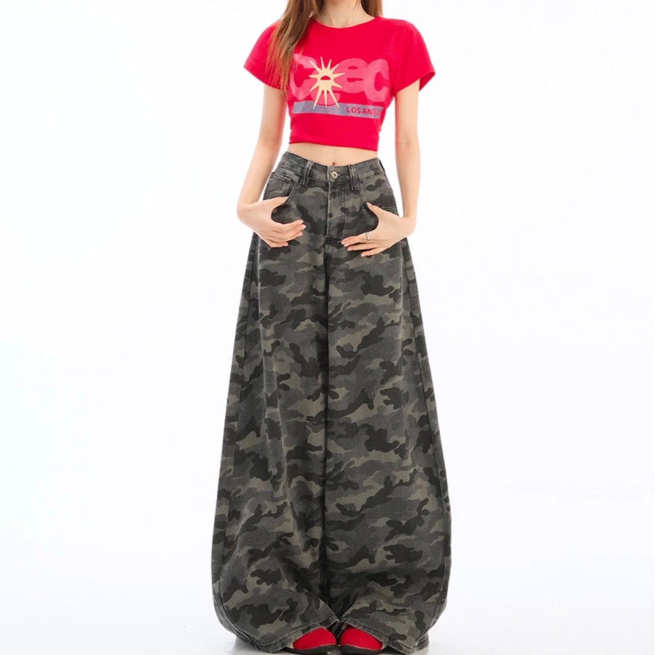 billkong YYK拉链复古百搭牛仔裤女高腰显瘦宽松拖地裤阔腿迷彩裤