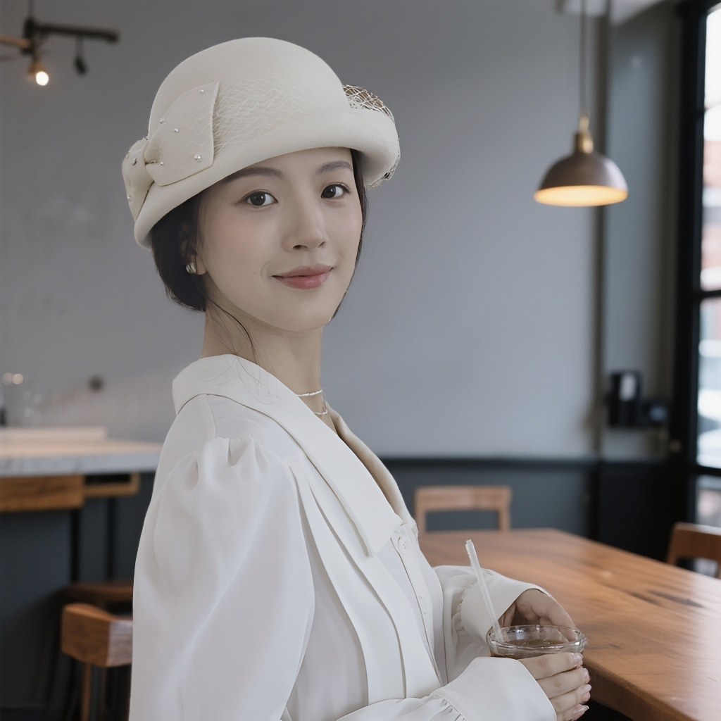 WF2025秋冬澳洲羊毛网纱蝴蝶结珍珠卷边礼帽帽子洋气法式千金帽