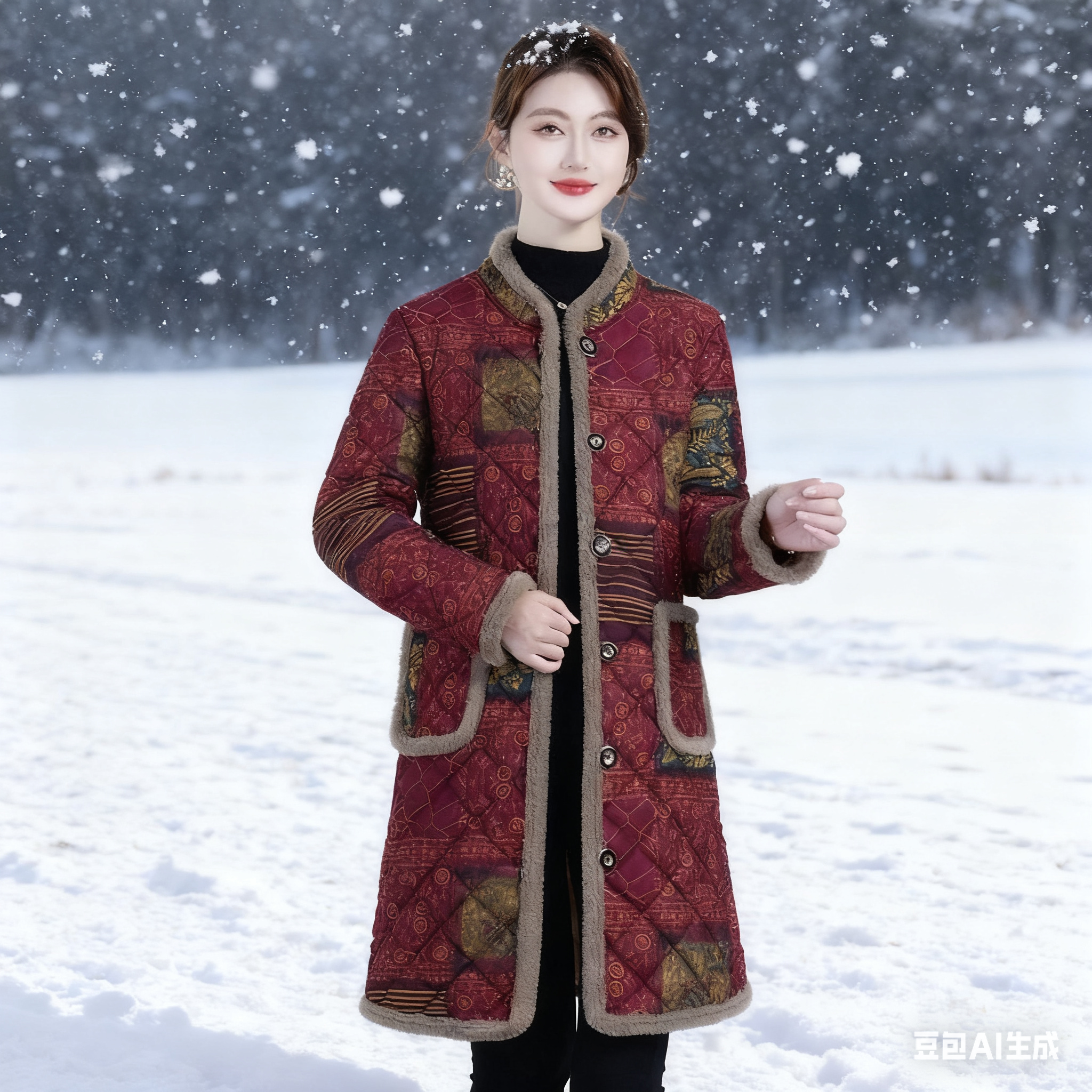 冬季新款妈妈装中长款加绒棉衣女加厚洋气棉袄保暖立领棉服大码