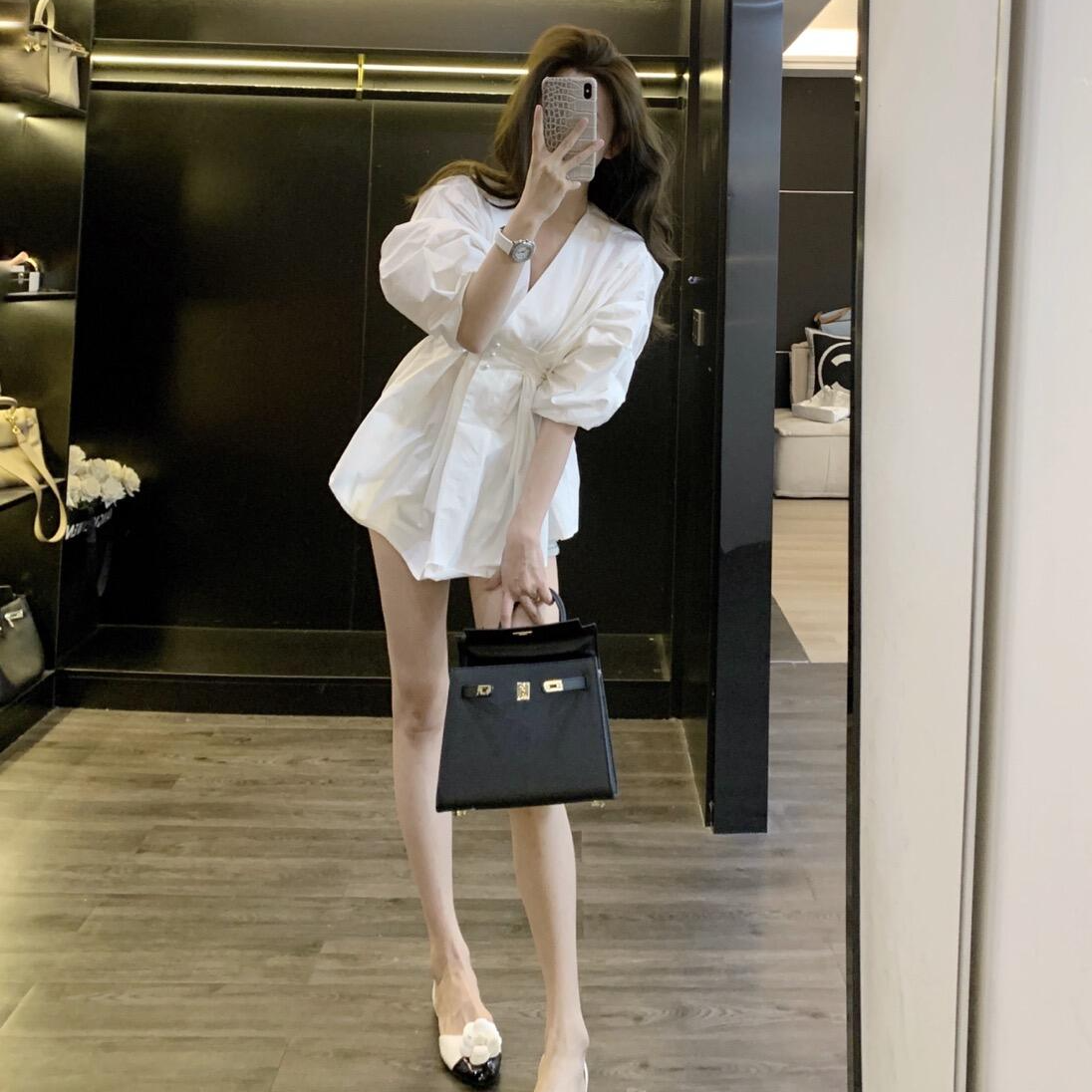 韩版七分袖白色衬衫女秋季2025新款高级感气质收腰显瘦泡泡袖上衣