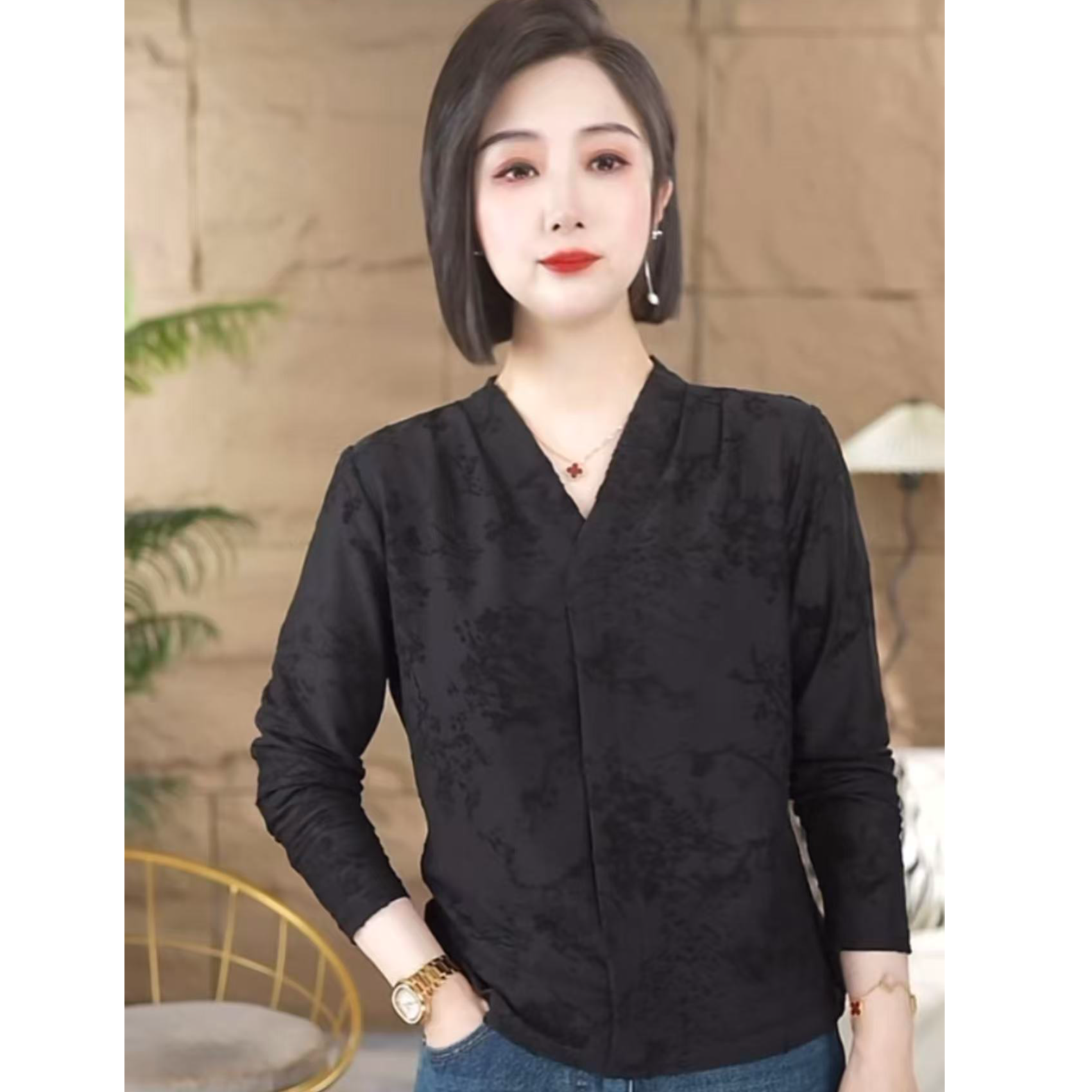 桑蚕丝百搭提花V领长袖女人味大码微胖遮肉衫上衣百搭女装新中式