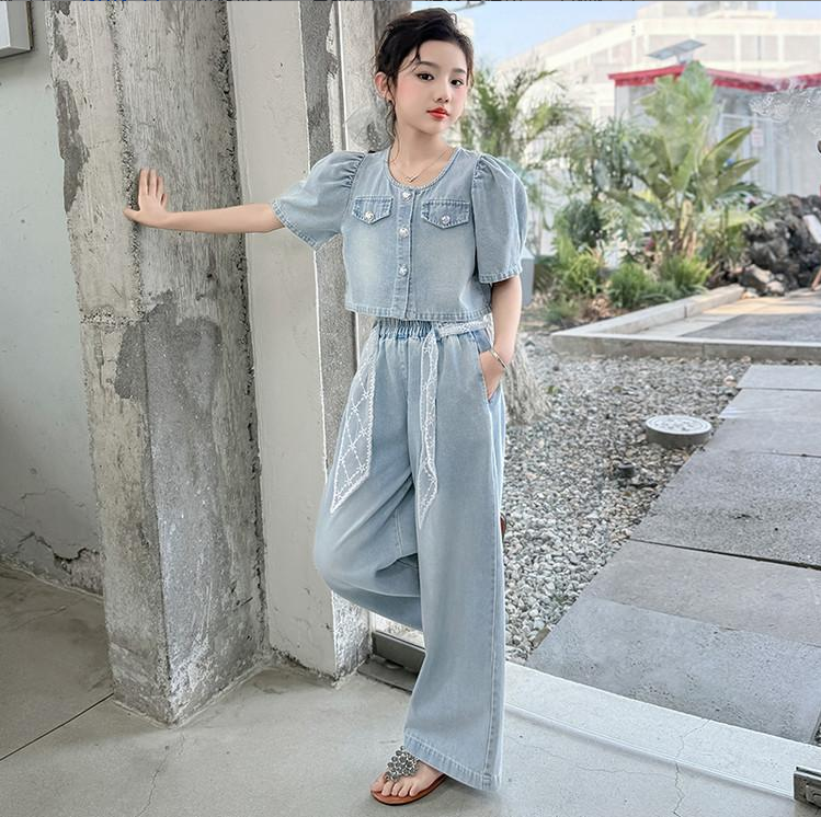 母女装女童夏季亲子同款25年夏季新品牛仔套装配花边腰带洋气阔腿