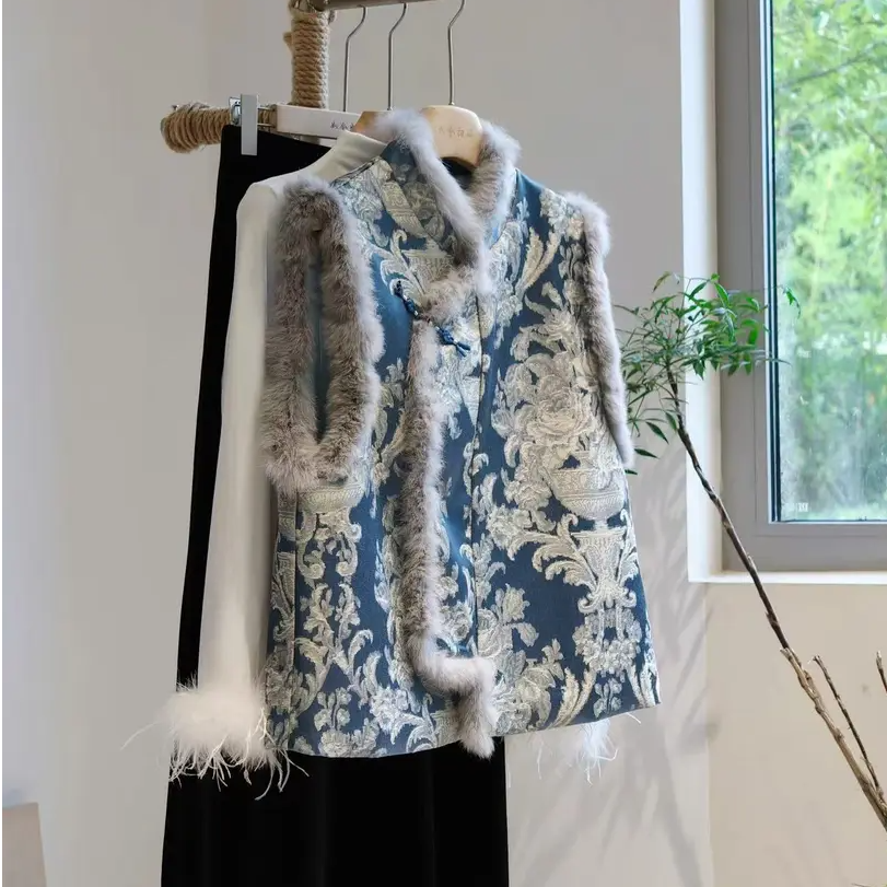 【婉青】新中式蓝色斜襟马甲兔毛拼接夹棉加厚背心国风无袖上衣冬