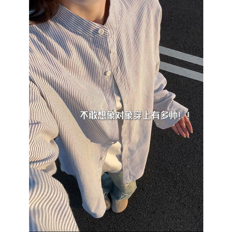 日系复古黑白条纹立领衬衫秋男高级感痞帅青年学院风长袖衬衫外套