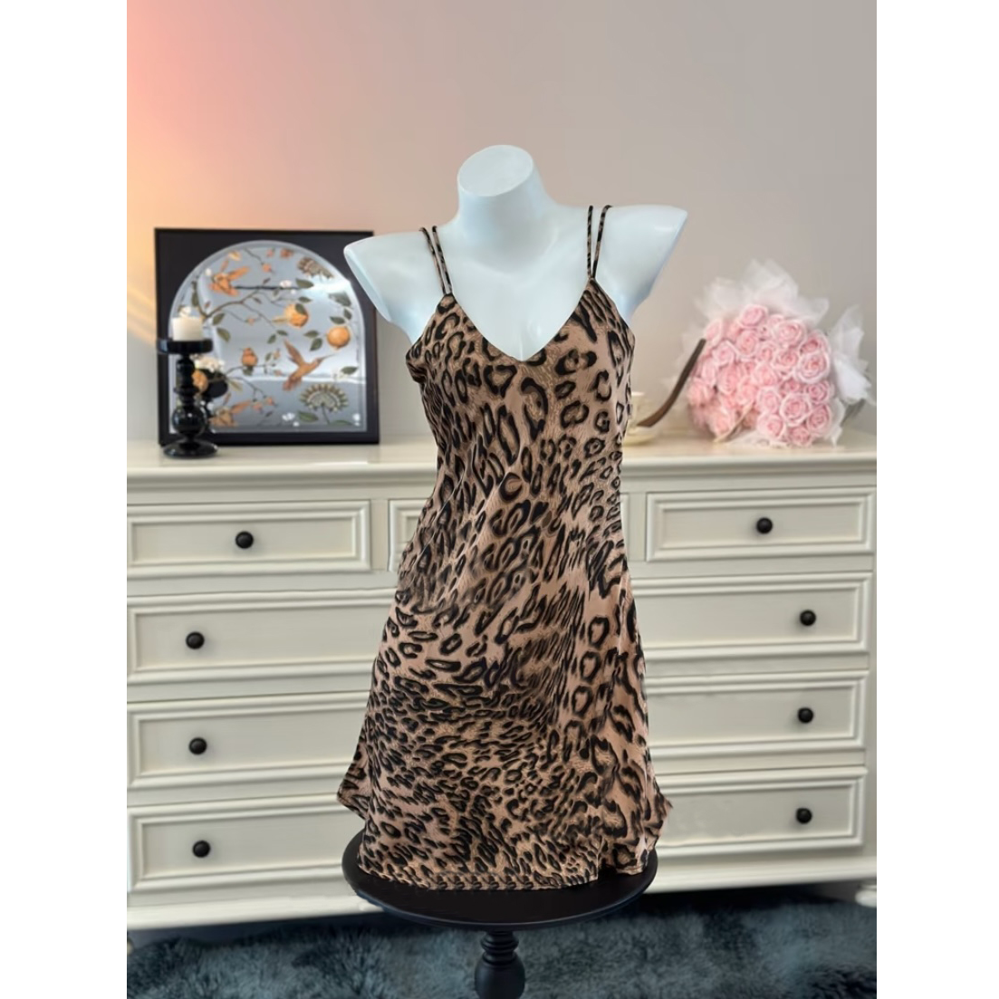 【禁欲豹纹】性感深V豹纹法式吊带睡裙露背网红辣妹睡衣家居服套装