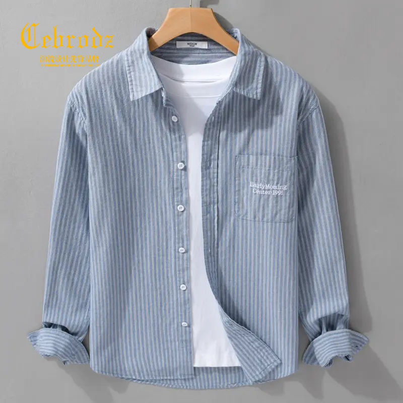 法国Cebrodz高级感刺绣口袋条纹长袖衬衫日系衬衣休闲宽松外套