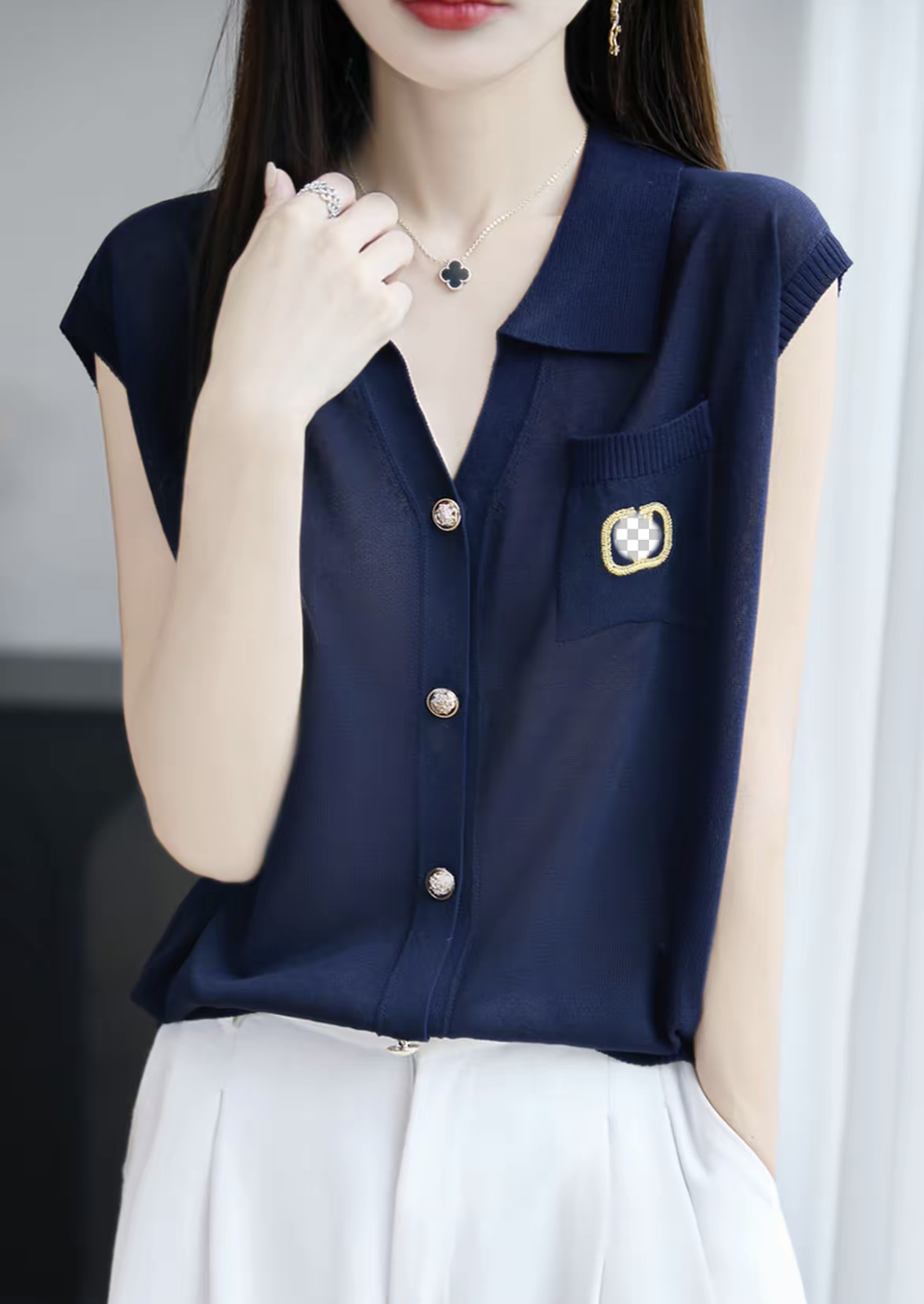 100莱赛尔天丝~老钱风V领刺绣Polo领夏季新款精品设计针织无袖女