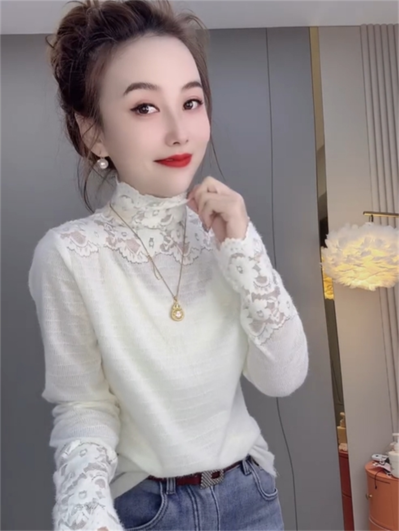 欧货钩花蕾丝高领漂亮打底小衫女秋冬新款气质高级感修身内搭T恤