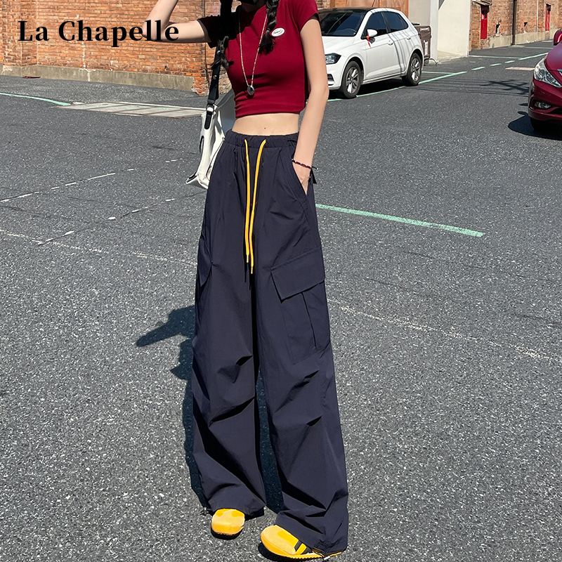 拉夏贝尔美式伞兵工装裤女夏季新款登山运动裤高腰显瘦直筒阔腿裤