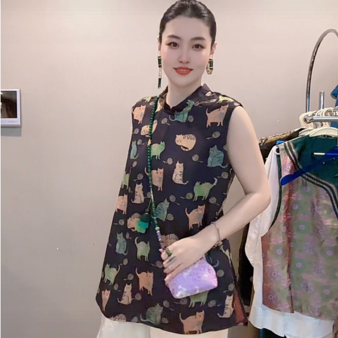 3286｛招财猫｝新中式高端定制暗纹提花清爽舒适旗袍国风马甲上衣