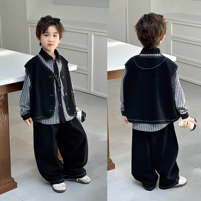 男童秋装牛仔马甲套装2025新款中童痞帅小男孩纯棉衬衫炸街三件套