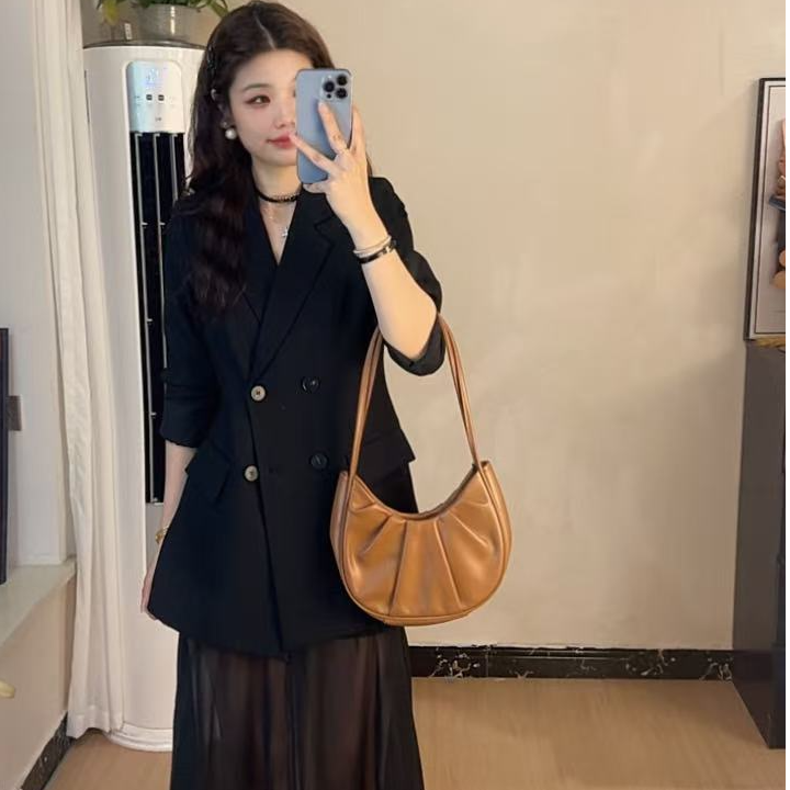 韩系轻奢气质套装裙女秋季长袖西装上衣黑色洋气雪纺拼接半身裙