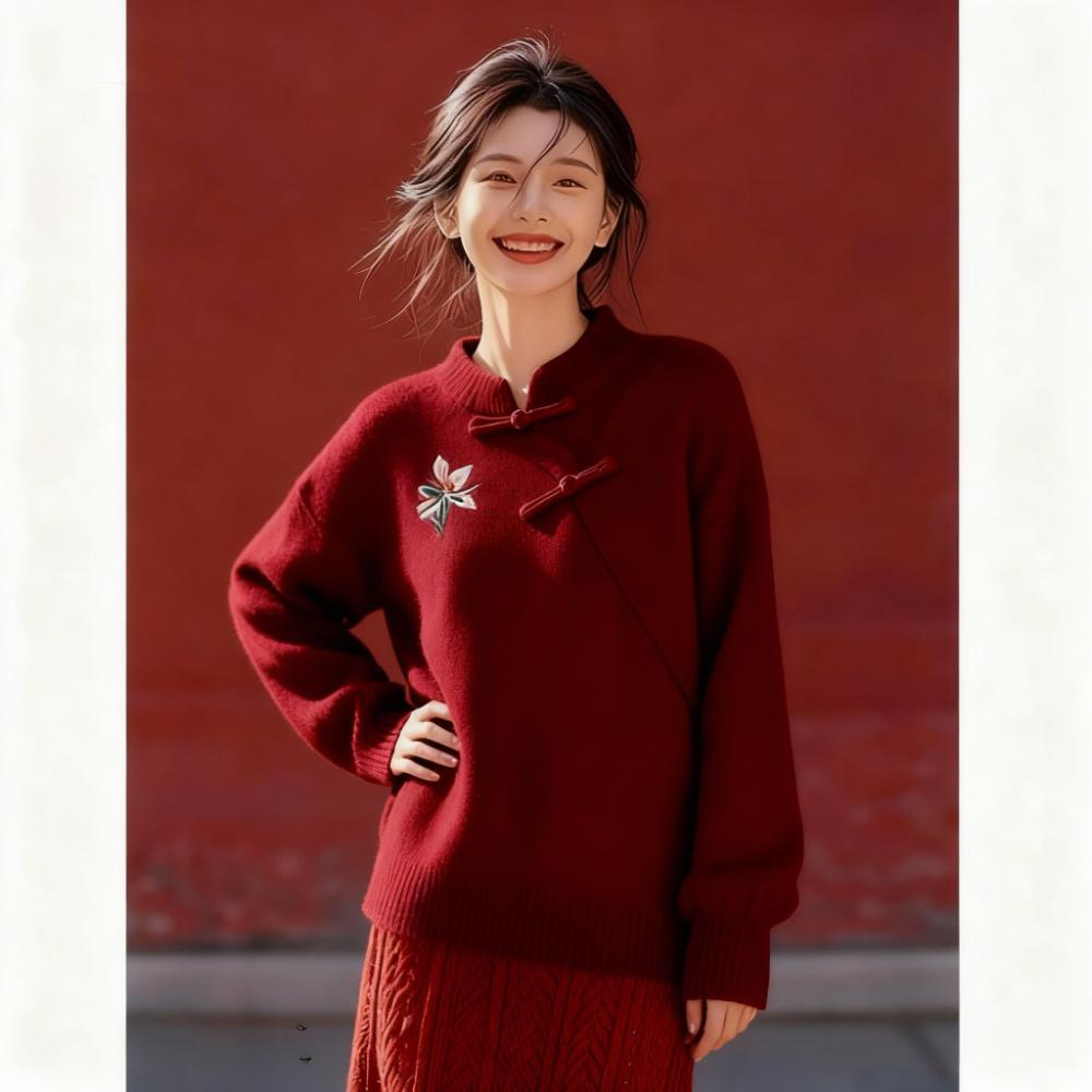 巨好看的秋冬穿搭韩系红色超好看高级感新中式国风立领盘扣毛衣女