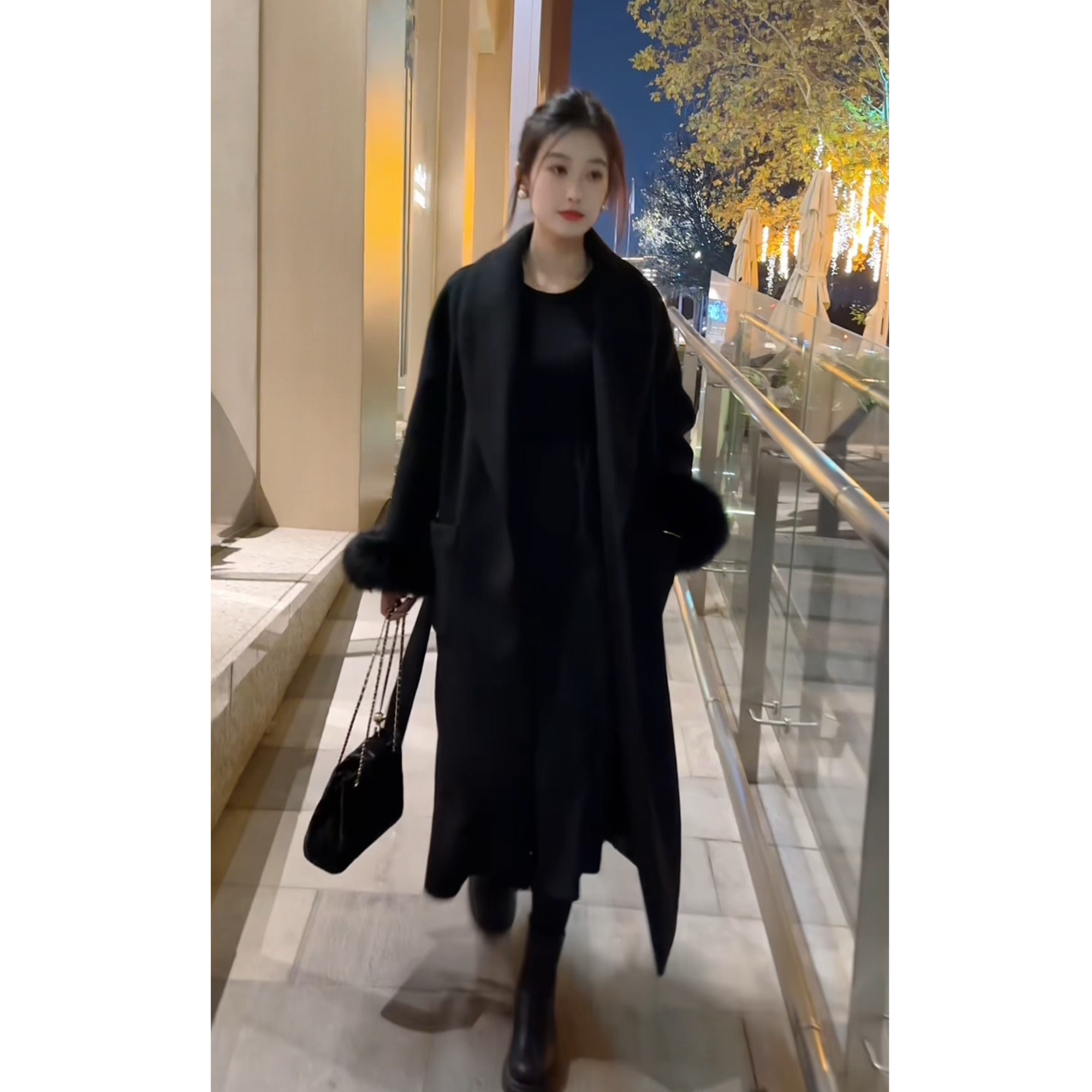 柏林之夜冬季新款浴袍款双面[羊毛]羽绒大衣芬兰狐狸毛长款外套