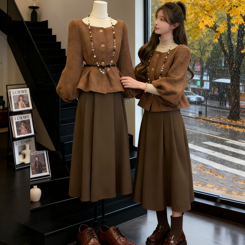 小香风灯笼袖方领秋冬气质纽扣收腰显瘦外套咖色半身裙两件套装女