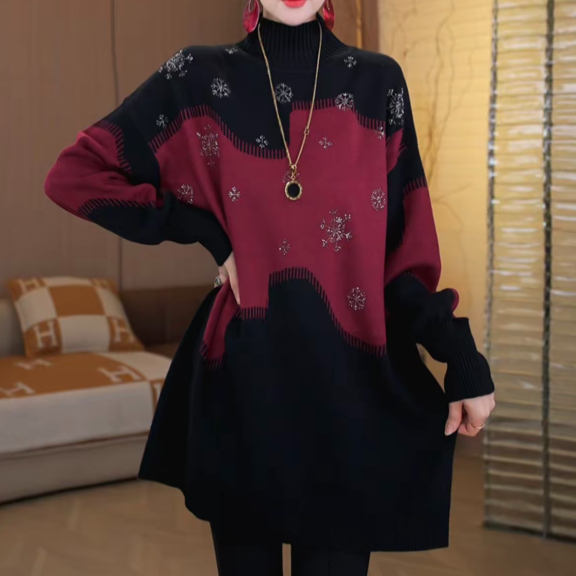 冬季时尚大码潮流显瘦洋气针织衫中长妈妈宽松高档设计感新款毛衣