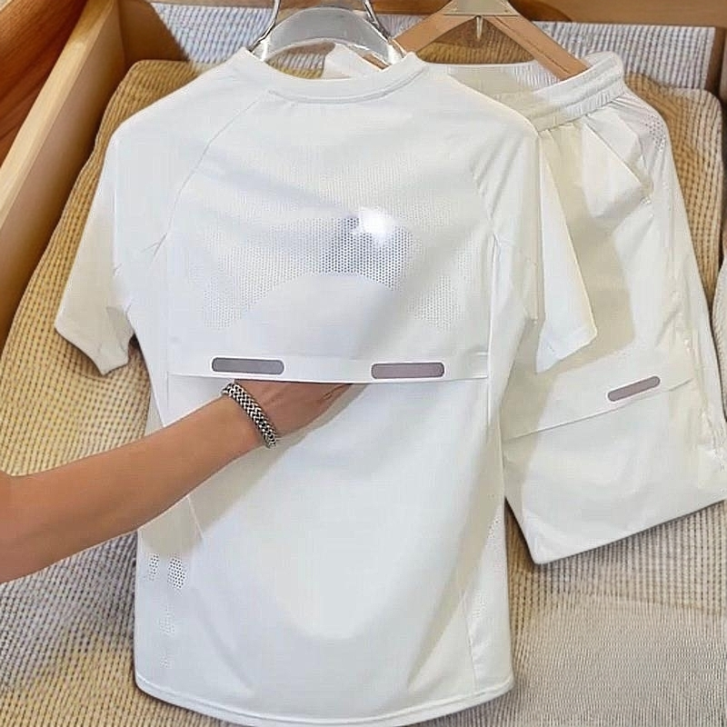 MODEK KODEK夏季薄款打孔透气速干冰丝套装轻奢休闲 弹力宽松短袖