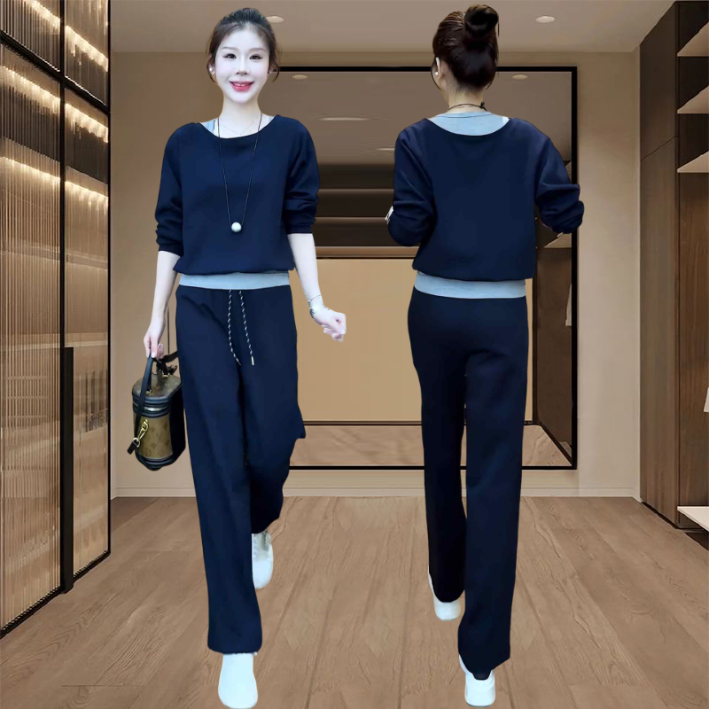 早秋漂亮韩系小套装2025新款假两件长袖卫衣高腰直筒裤两件套女潮