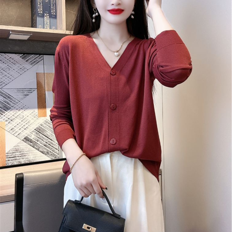 夏季必备薄款开衫曲珠冰丝 V领针织开衫 长袖防晒衣空调衫凉凉衣