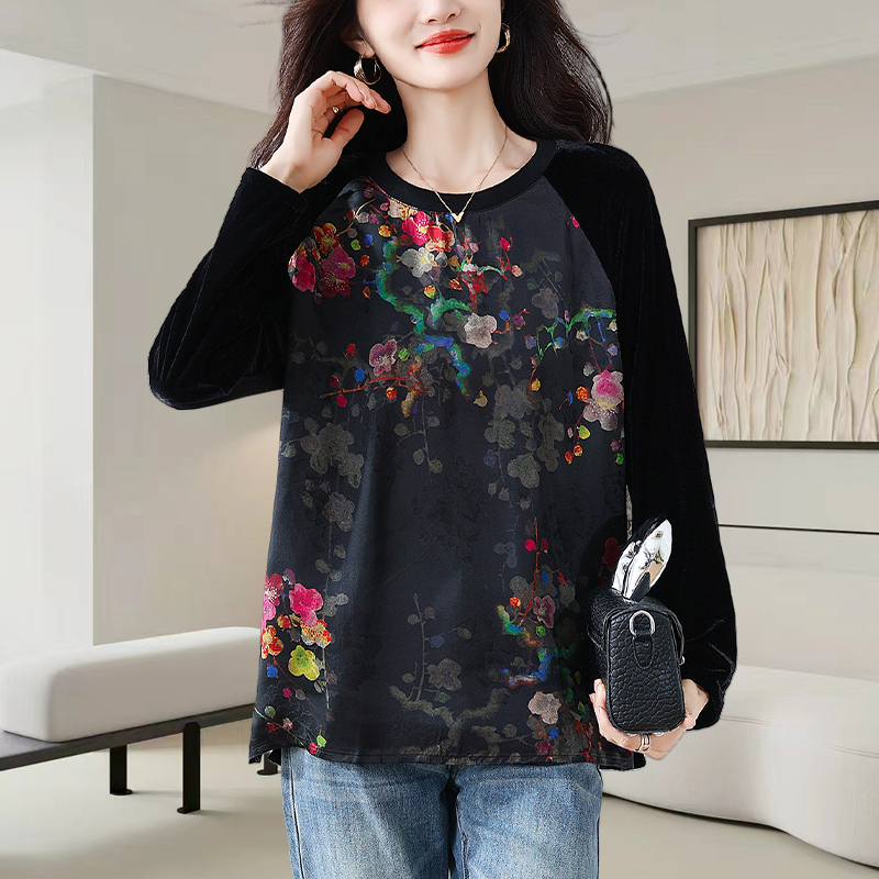 新中式国风提花拼接丝绒长袖T恤女2025秋季新款时尚复古百搭上衣