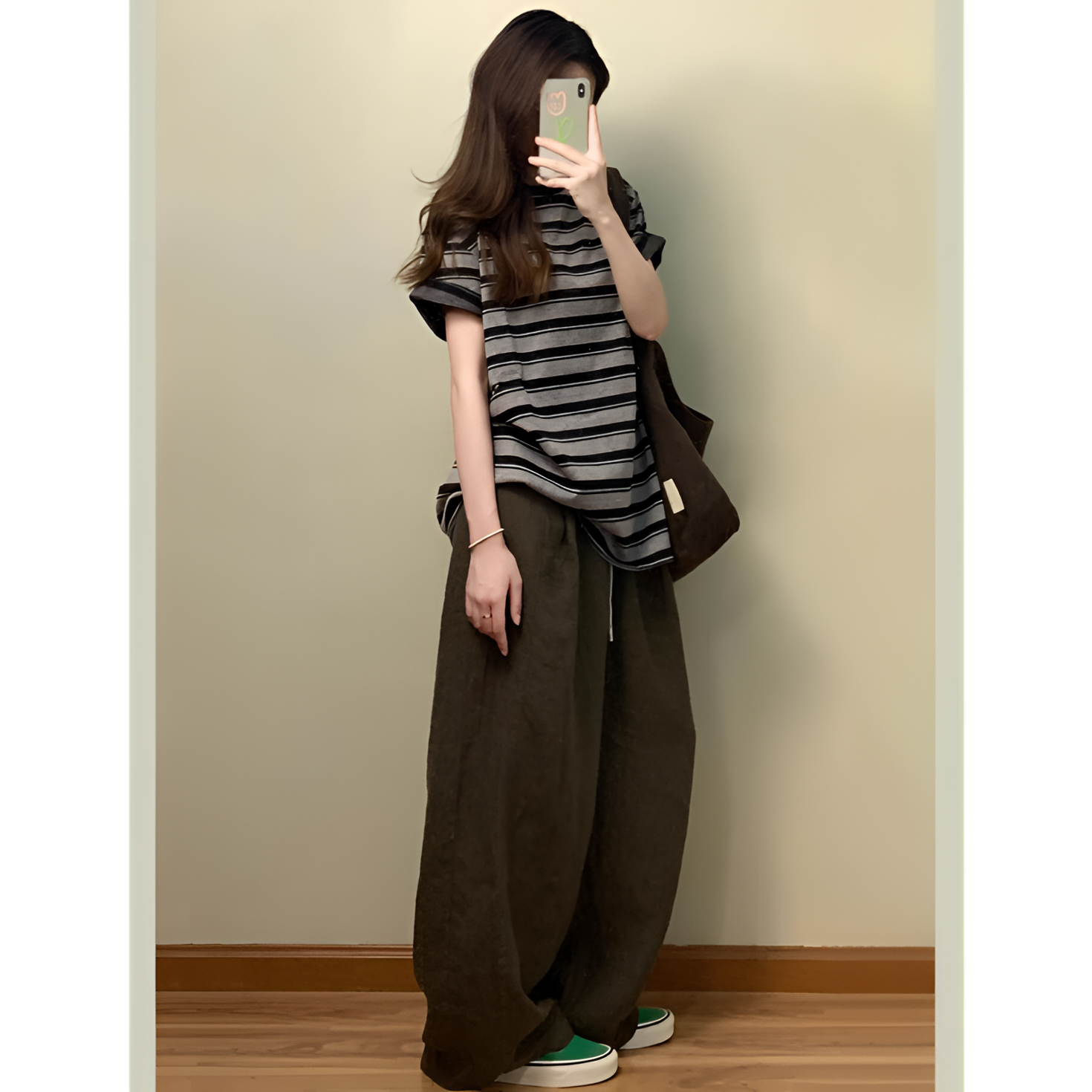 2025夏装慵懒风松弛感穿搭日系宽松条纹短袖t恤阔腿裤休闲套装女