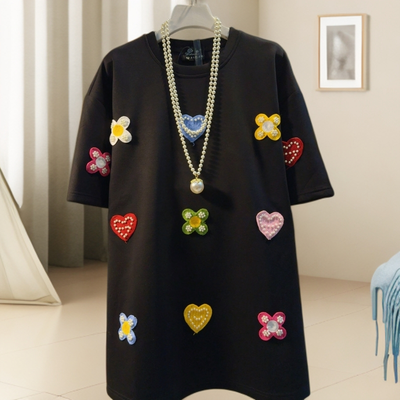 YDD新款重工钉珠花朵短袖休闲T恤上衣