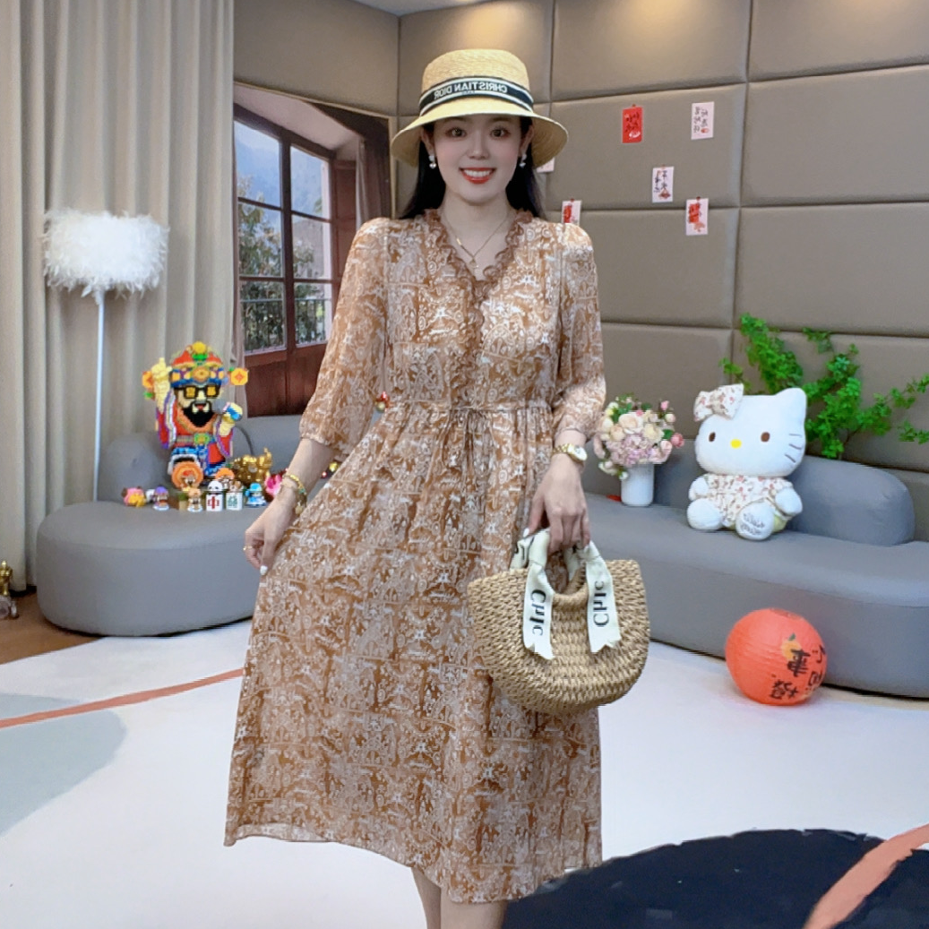 【火火精选】“日落棕榈”法式洋气温婉大方慵懒风桑蚕丝连衣裙 80181