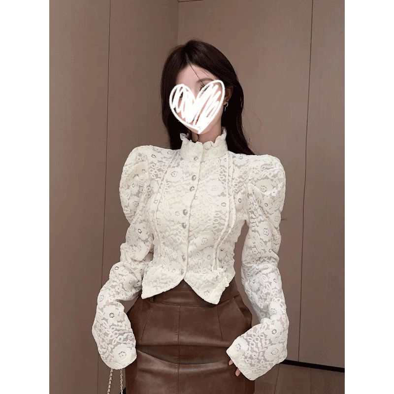 小香风宫廷泡泡袖衬衫女秋冬半高领蕾丝打底衫内搭法式名媛短上衣