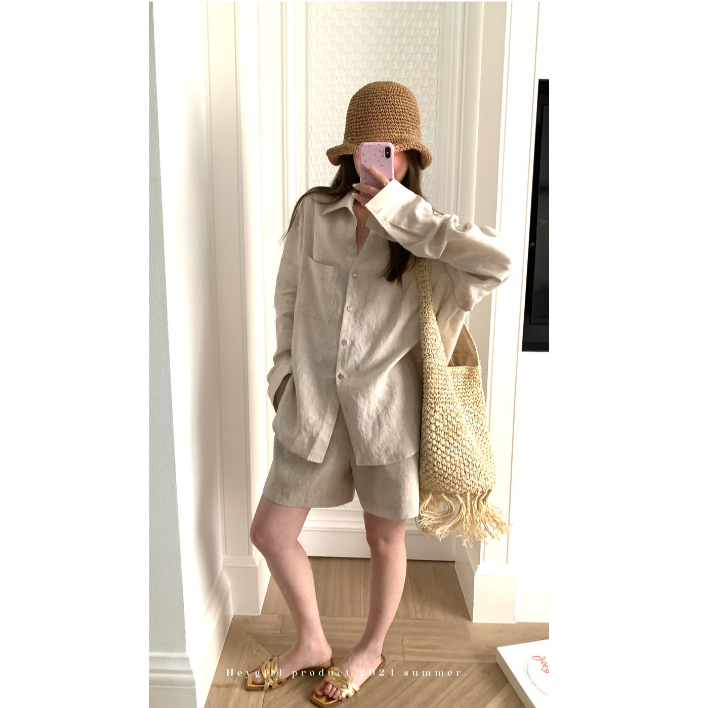 优秀的金蘑菇清凉一夏 极简老钱风~百搭长袖衬衫女夏中裤亚麻套装