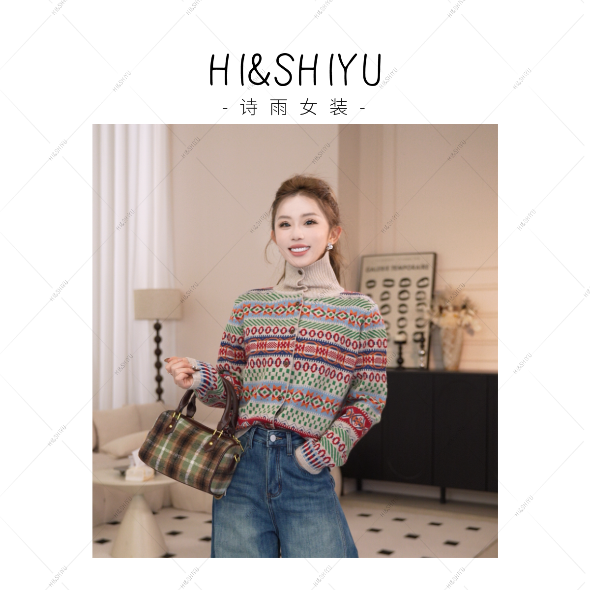 HISHIYU【阿勒泰】设计师款|安哥拉兔毛冬季费尔岛高领毛衣开衫女