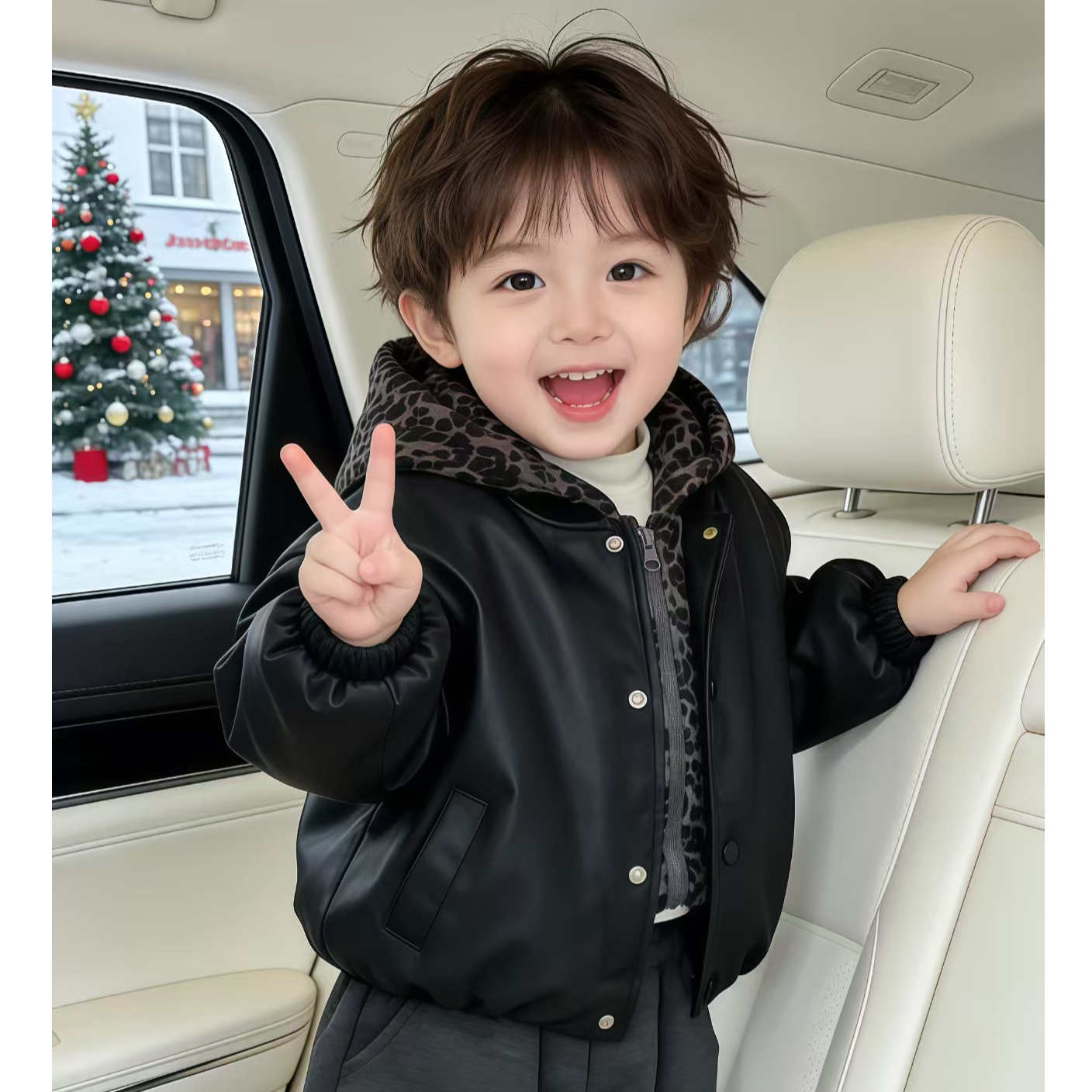 儿童加绒夹棉外套冬款男童假两件豹纹皮衣夹克衫加厚冬装洋气韩版