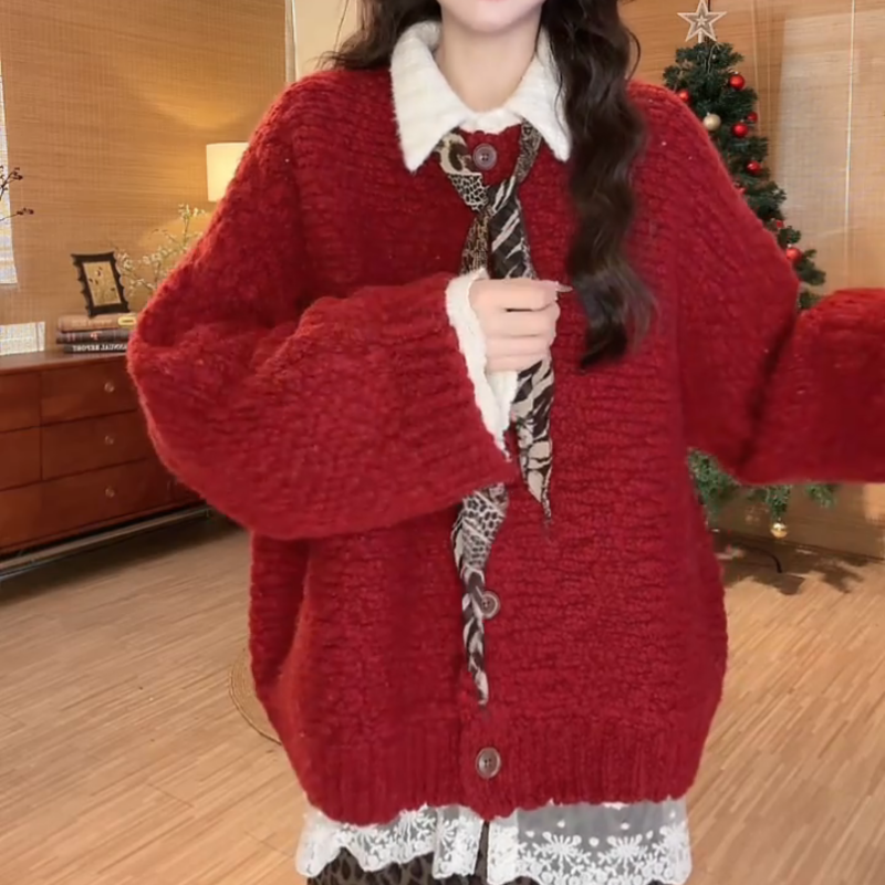 韩系新款宽松正典红极简慵懒风设计感秋冬款针织衫LK2508896