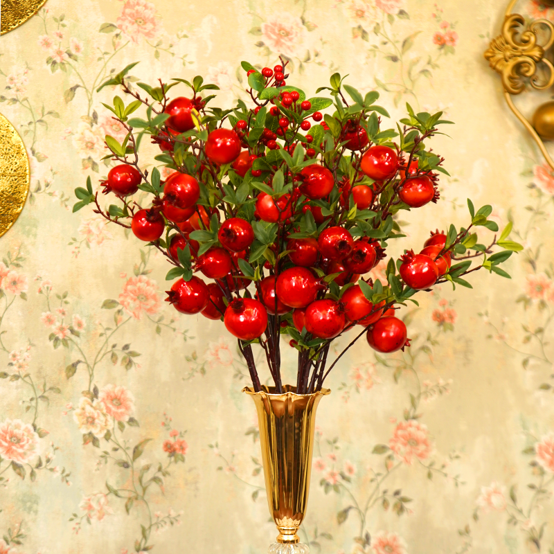 【包邮】春节装饰喜庆家居餐桌花艺摆设石榴花摆设冬青红果子