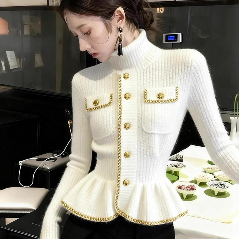 小香风白色高领毛衣女2025秋冬新款时髦洋气时尚气质掐腰针织上衣