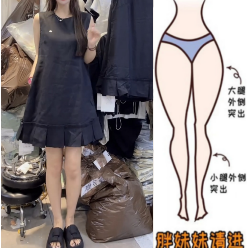 女夏季新款薄款舒适圆领宽松显瘦一字排扣时尚拼接荷叶花边连衣裙