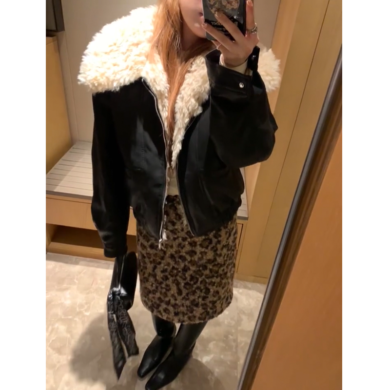 卷毛豹纹加厚毛呢半身裙女2025秋冬新款松紧腰a字半裙直筒短裙女