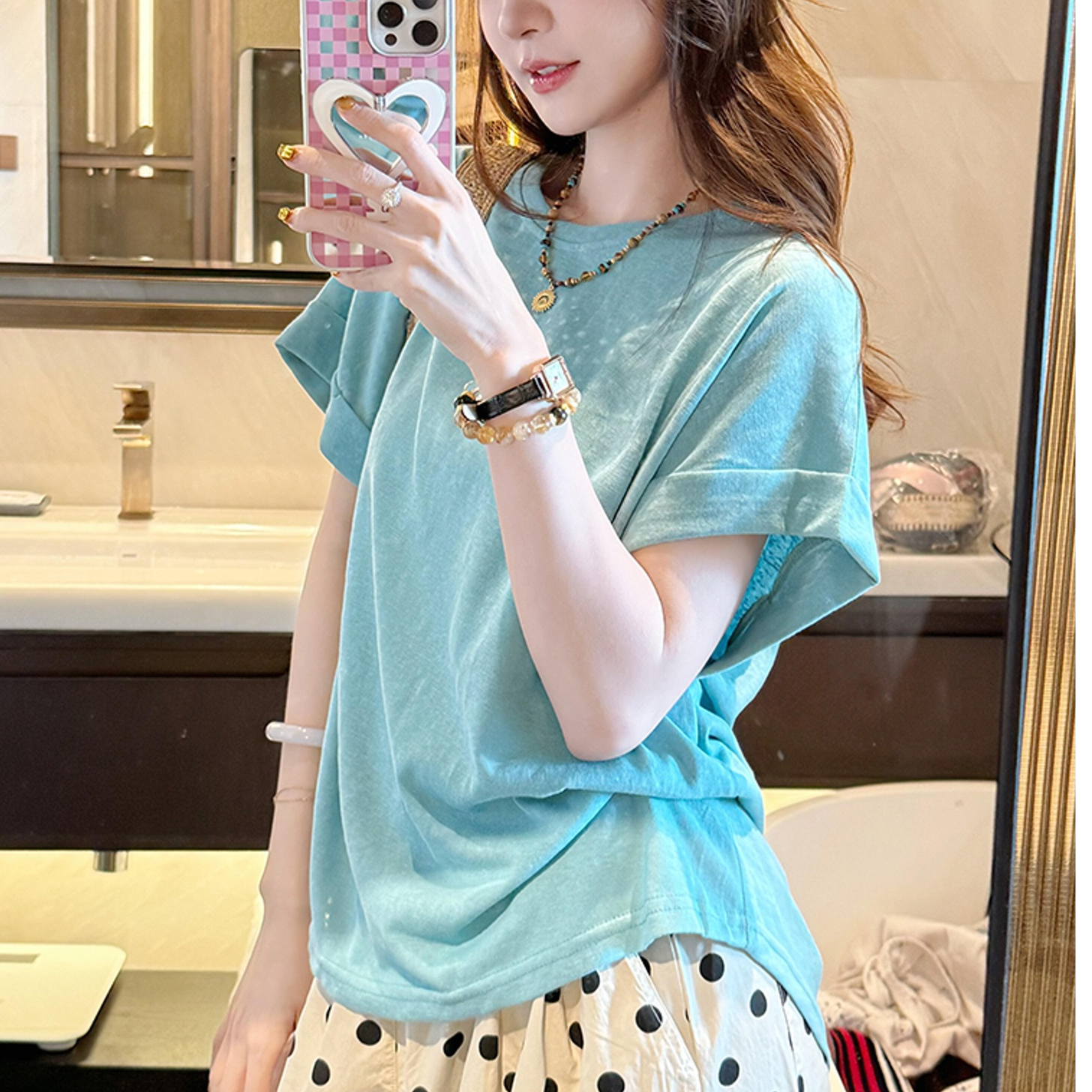 夏日ootd穿搭独特漂亮小上衣多巴胺洋气减龄蓝色雪花棉新短袖t恤