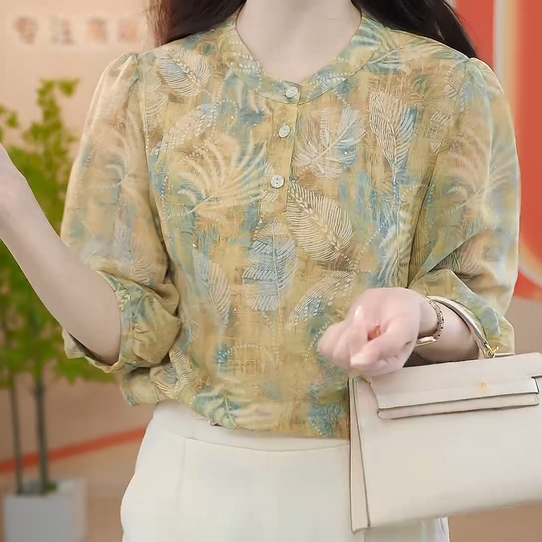 高端别致漂亮小衫2025夏季新款七分袖印花衬衫女设计感气质上衣