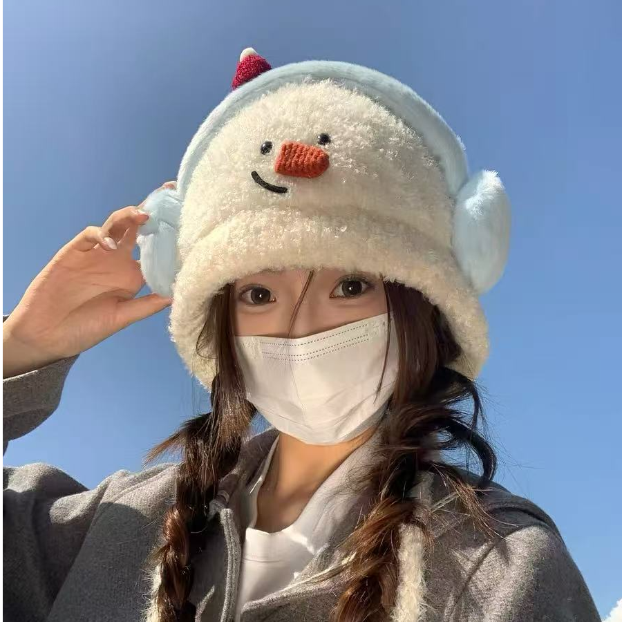 可爱卡通毛绒雪人缝线雷锋帽子女大头围保暖毛线帽秋冬护耳套头帽