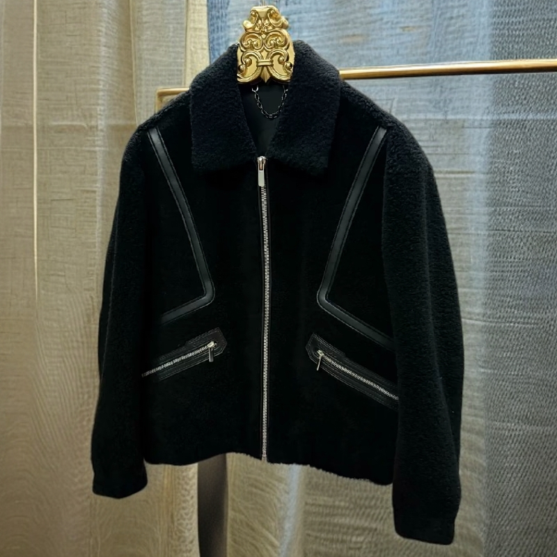 老钱风男士秋冬新款100羊毛配皮时尚高级翻领保暖夹克25138L