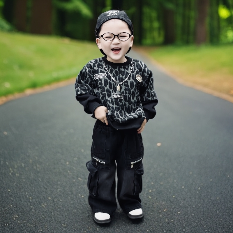 男童韩版2025秋冬新款儿童加绒豹纹假两件卫衣工装牛仔裤两件套